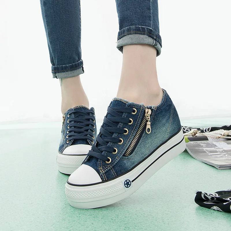 

New Spring Autumn Women Shoes Hidden Wedge Heels Fashion Casual Women's Canvas Shoes Denim For Women Height Increasing Shoes
