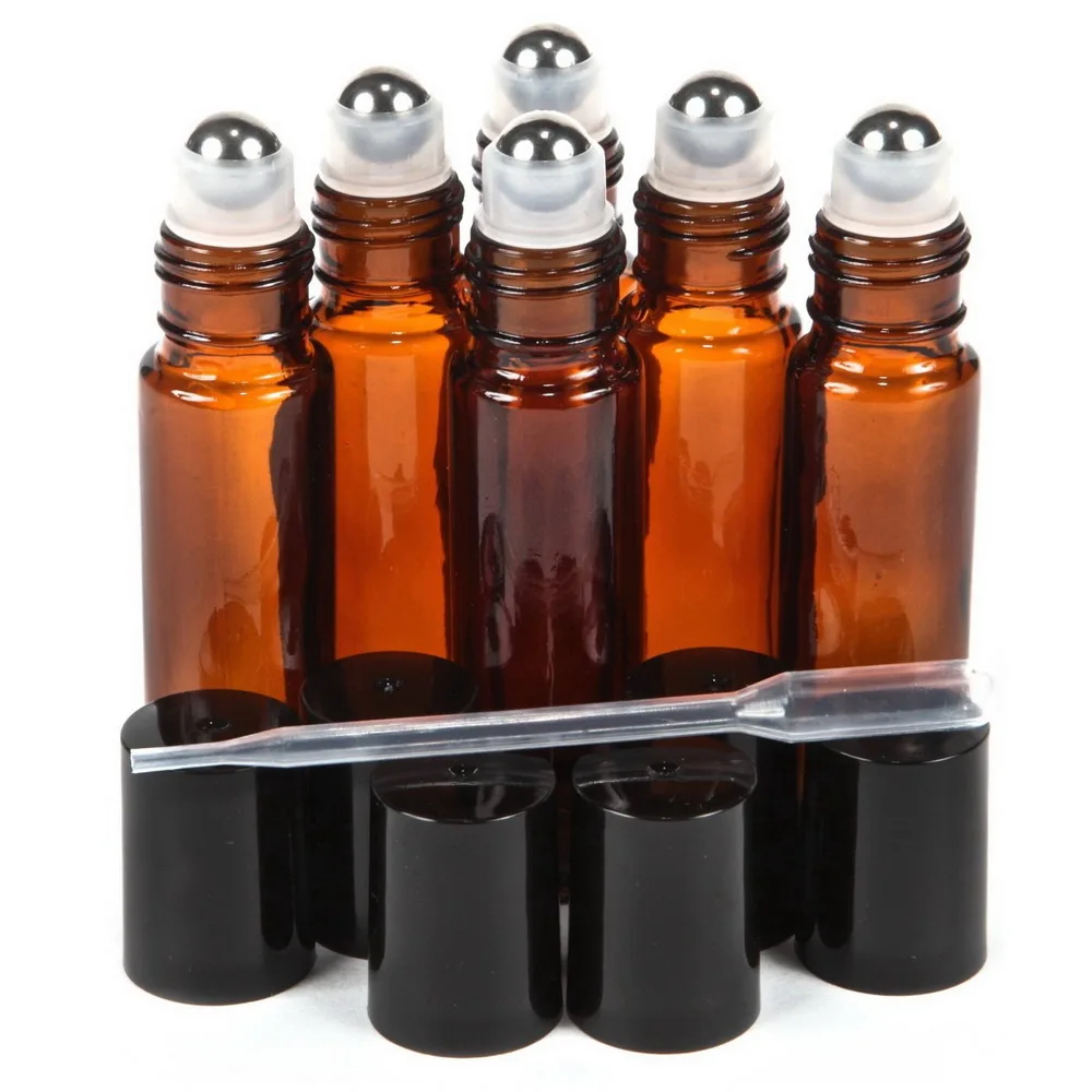 

6pcs 10ml Amber Glass Roll On Bottle Empty Refillable Essential Oil Roller Bottles with Stainless Steel Roller Balls for Perfume