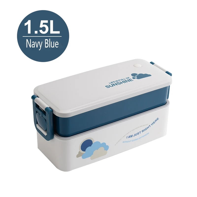 1Л/1.5л двухслойный Ланч-бокс портативный пластиковый прямоугольник для бэнто, в упаковке, для разогревания в микроволновой печи контейнер для хранения еды для детей с посуда - Цвет: Navy Blue