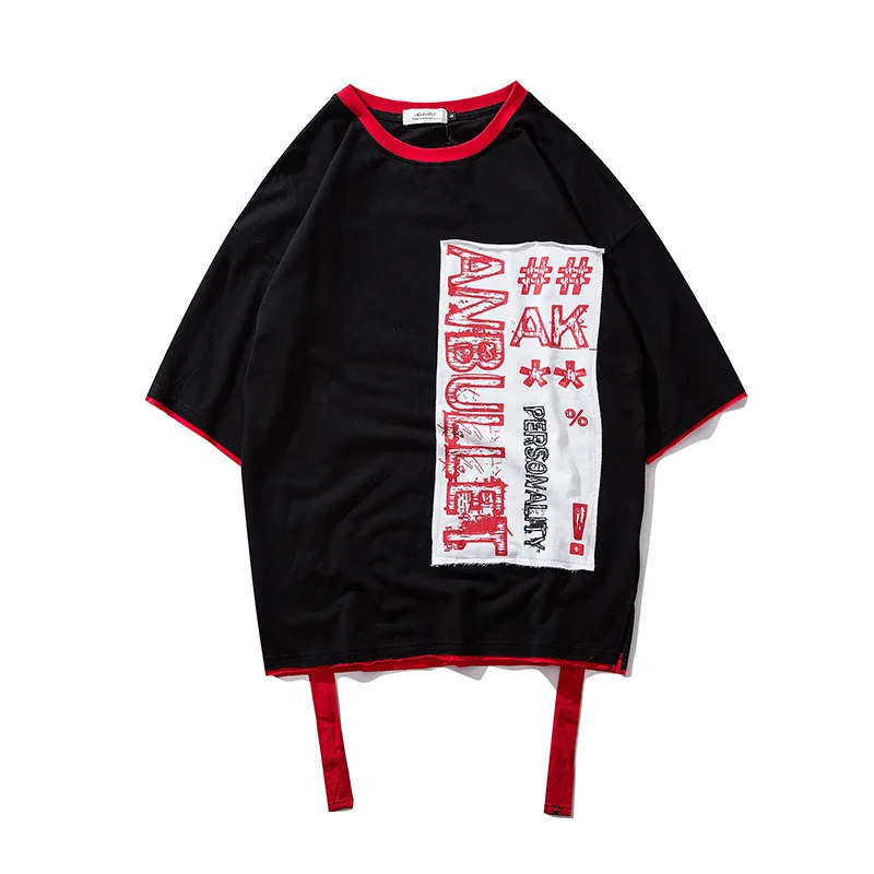 

Men's Summer New Cotton Youth T-Shirt Fashion Hip Hop Personality Letter Printing Ribbon Decoration Loose Street Men T Shirt