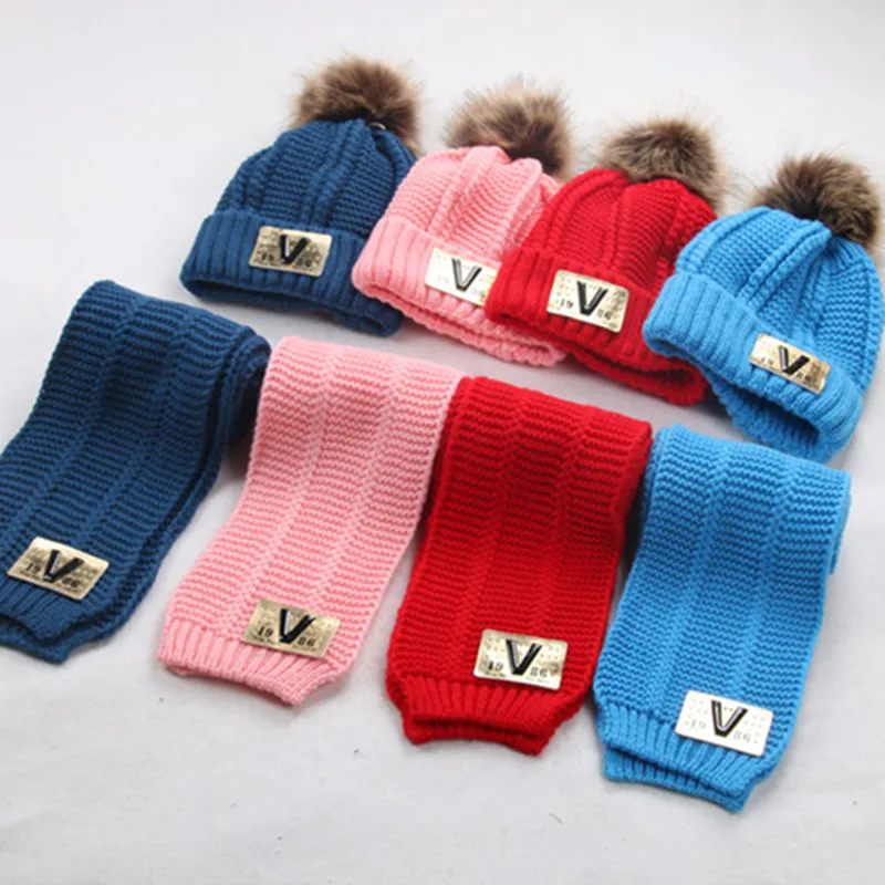 Cena Zima dziecko dzieci chłopiec dziewczyny stałe czapki szalik ciepła wełna dzianiny uroczy list kapelusz + czapka szalik 2 sztuk zestaw dzieci szyi cieplej Cap
