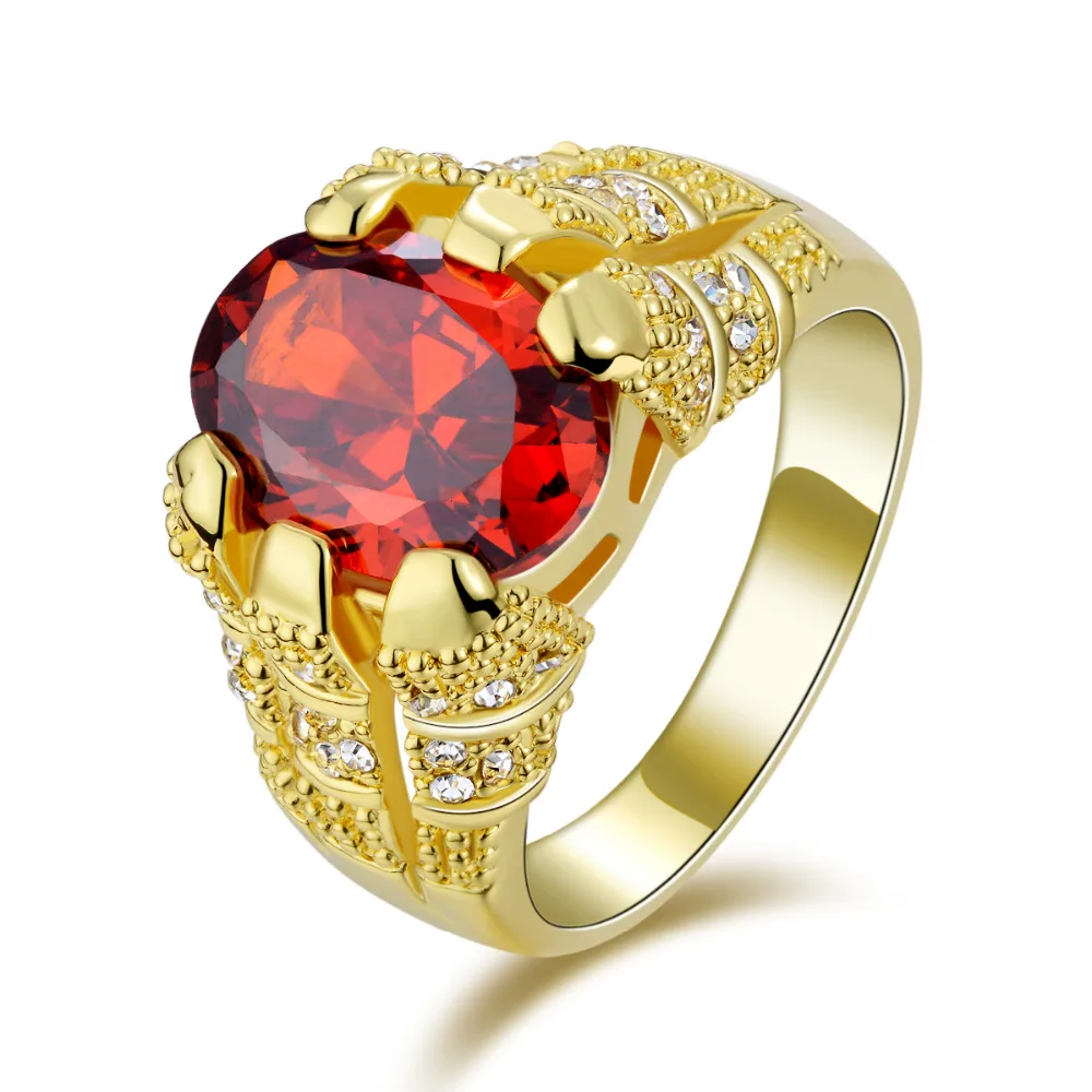 

SuoHuan Size 8-11 Male Men Ring Big Stone Red Zirconia Cz Crystal Gold Filled Mens Engagement Wedding Ring Finger Jewelry Gift
