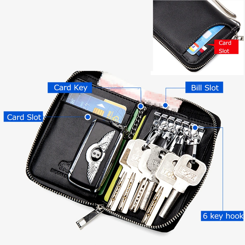 Online BISON DENIM Echtem Leder Schlüssel Brieftasche Männlichen Karte Schlüsselbund Abdeckung Zipper Karte Halter Brieftasche Schlüssel Veranstalter Große Kapazität N9462