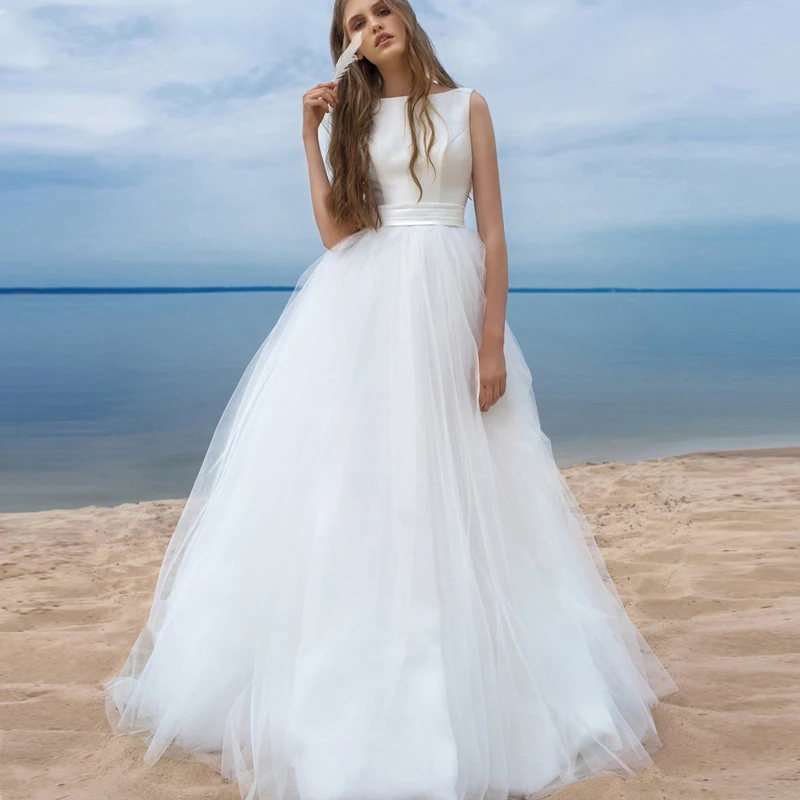 

Simple A Line Beach Wedding Dress 2019 Scoop Backless Tulle Bridal Gowns With Bow Floor Length Wedding Gowns Vestido de novia