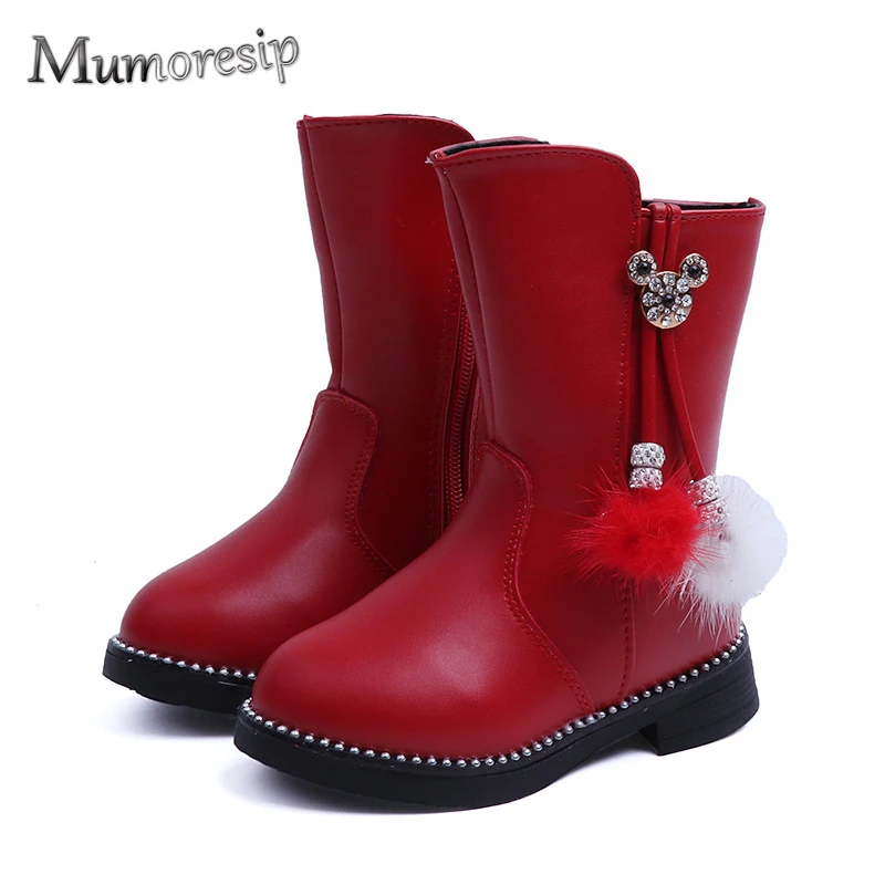 

Mumoresip 2019 Winter Fashion Girls Boots Princess Sweet Big Children Kids Boots Hair Ball Pendant With Rhinestone Water-proof
