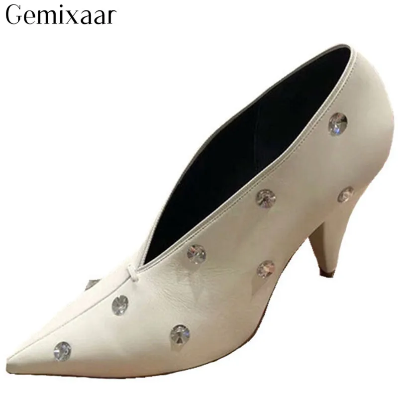 

Fashion Shallow Cut White Sheepshin Studded Crystal Women Shoes Pointy Toe Slim Zapatos Concise High Spike Heels Pumps Woman