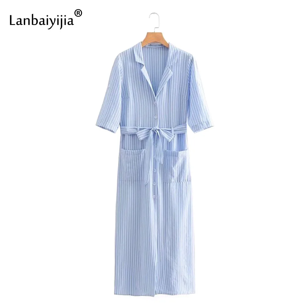 

Lanbaiyijia Newest Summer women dress Striped Dress Bow sashes Turn-down Collar double pocket Women casual Shirt dresses S M L