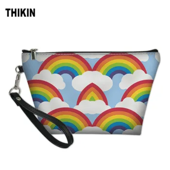 

THIKIN Pretty Rainbow Pattern Small Make Up Case for Women Capacity Ladies Travel Cosmetic Bags Girls Cute Leather Makeup Bag