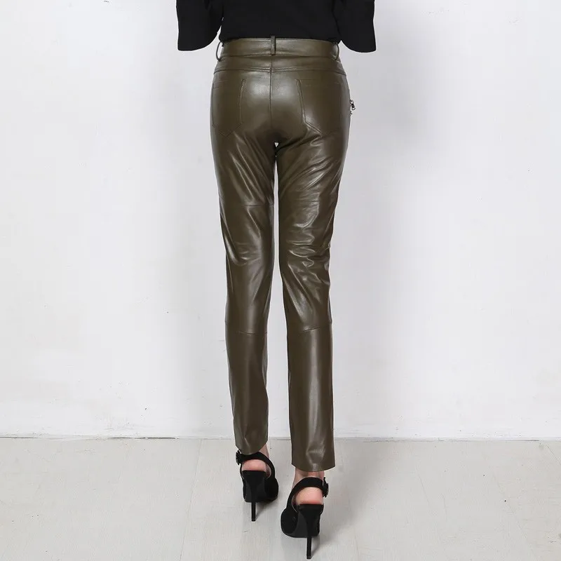 Женские Военные зеленые коричневые из натуральной овечьей кожи длинные узкие брюки обтягивающие брюки Pantalon Femme размера плюс XXXL