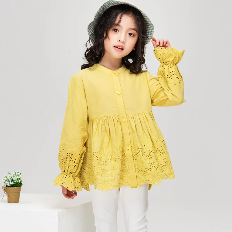 

New Girls Long-Sleeve Shirt for Spring Summer White Blouse Teenager Lace Girls Tops Shirt Stylish Solid Children Clothing Soft