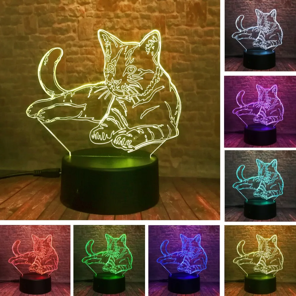 Милый 3D уютная лежа для отдыха с украшением в виде кошачьих светодиодный ночной
