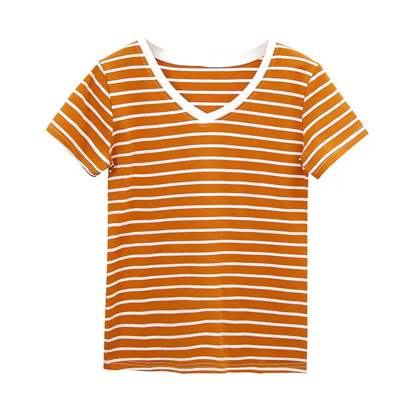 S-3XL размера плюс летняя футболка женская черная белая розовая оранжевая синяя футболка в полоску с v-образным вырезом хлопковая повседневная женская футболка в полоску - Цвет: Хаки