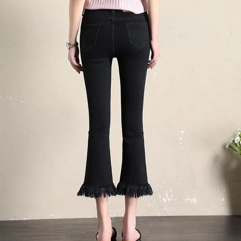 High waist cowboy pants summer elastic tassel Denim Jeans flare pants