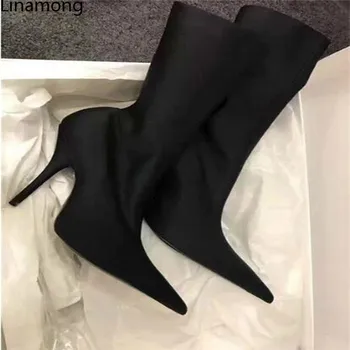 

High quality Newest women Silk Slip-On Mid-Calf boots sexy club women boots Thin Heels shoes