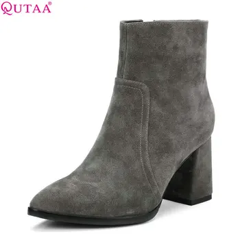 

QUTAA 2019 Women Ankle Boots Square High Heel Pointed Toe All Match Platform Solid Winter Shoes Motorcycle Boots Big Size 34-39