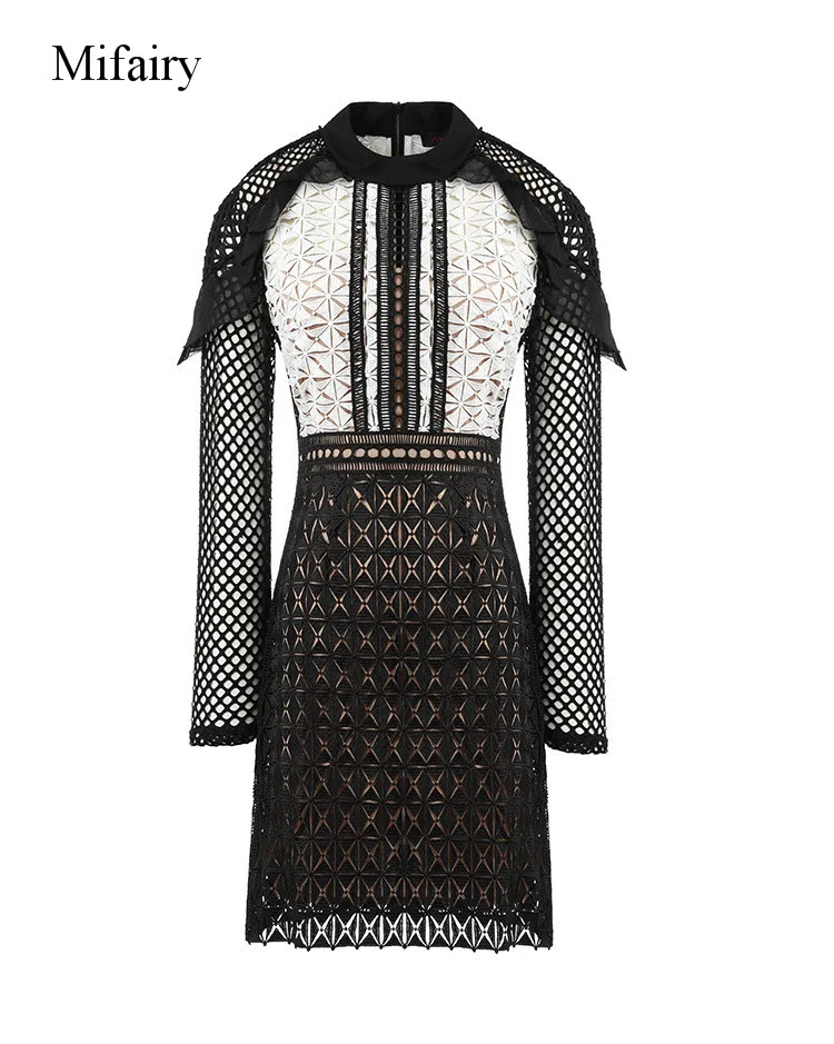 Mifairy 2017 Black/White Patchwork Long Sleeves Bodycon Women Dress High End Sheer Hollow Out Lace Mini Sexy Dress C061730 long-white-lace-dress
