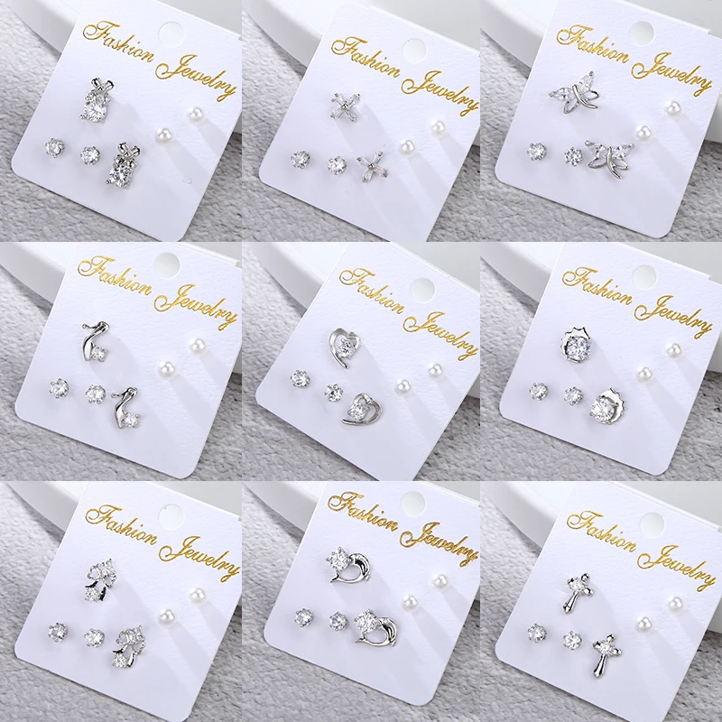 

Korean Cubic Zircon Earrings Set Jewelry Fashion Women Simulated Pearls Flower Crystal CZ Stud Earring Wedding Anniversary Gifts
