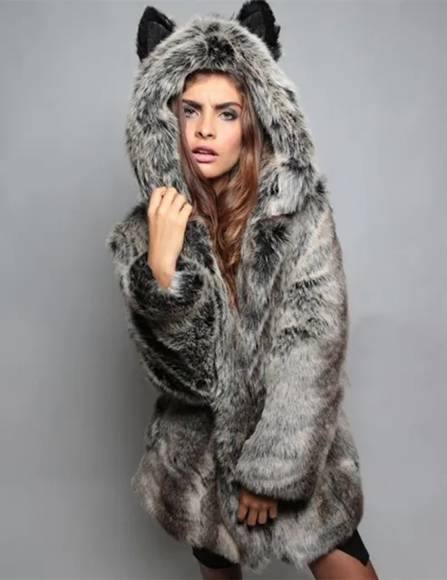 Fur & Faux Fur Winter Long Jacket Coat With Hood Cat Ears Collar Women ...