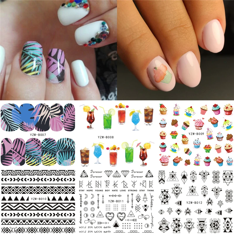 

6 Sheets Ribal Geo Pattern Water Transfer Stickers Nail Art Decor Cake Drink Negative Space Leaves Nail Sticker Water Decals