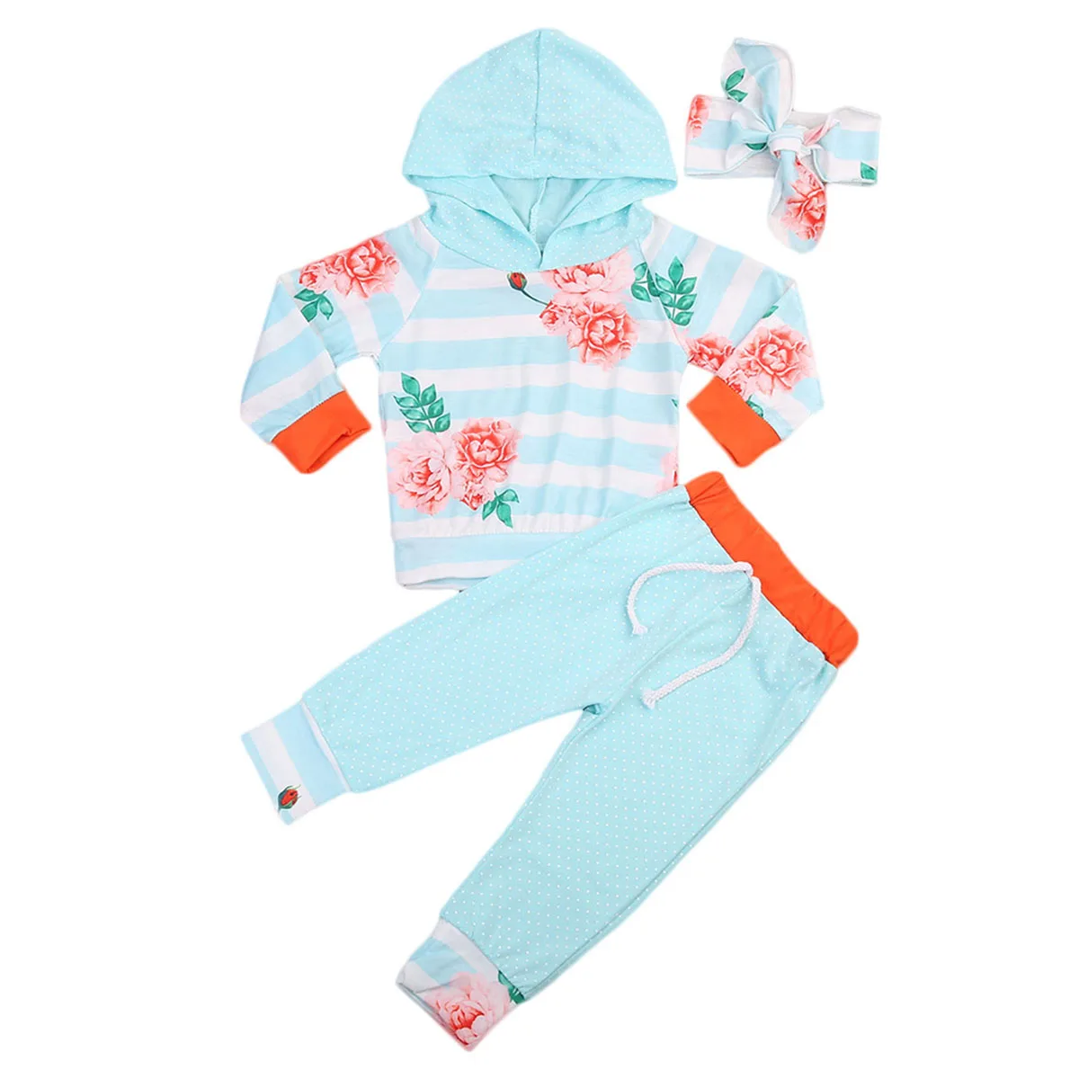 

3 Pcs Babies Long Sleeve Hooded Clothing Set Toddler Infant Baby Girls Floral Tops Hoodie Striped Top+Pants Outfits Clothes 2019