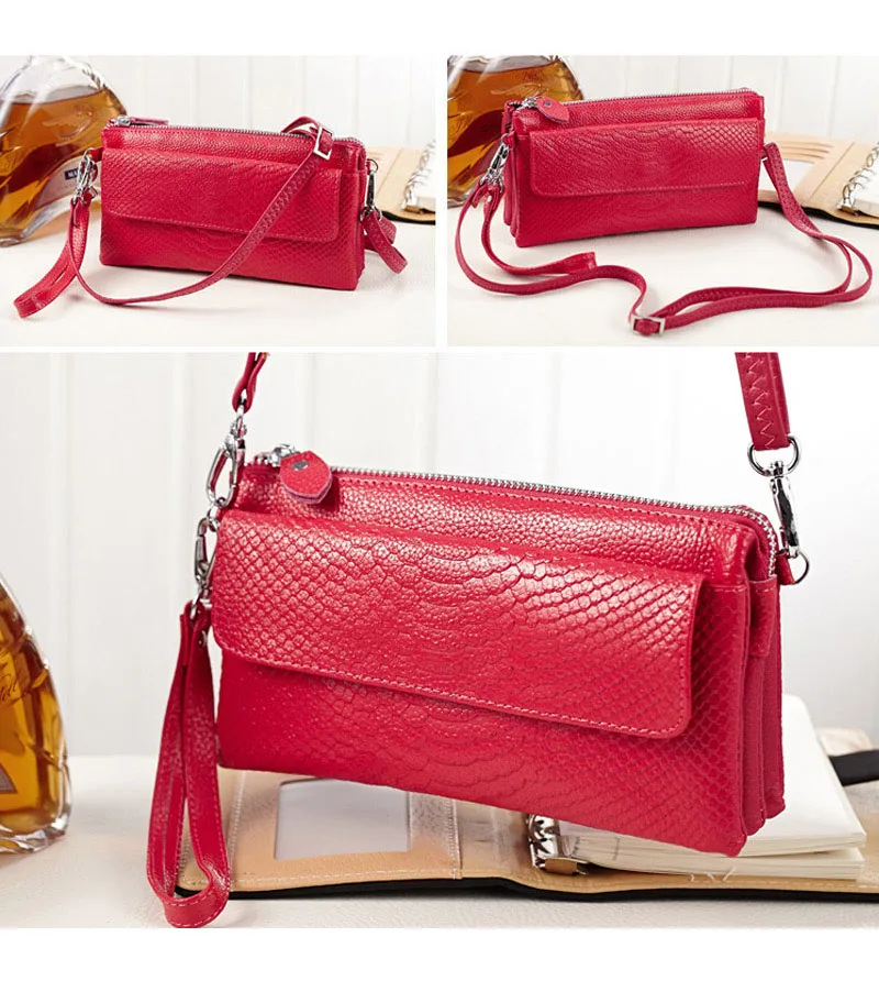 New Women Clutch Bag Snake Pattern Genuine Cow Leather Wallets Fashion Wristlet Change Phone Purse Handbag 712