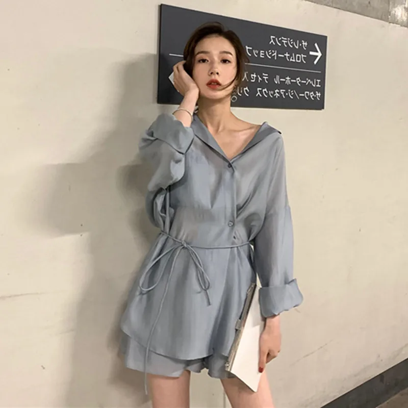 Summer Women Lace Up Shirts Two Piece Outfits Ice Silk Casual Solid Color Office Lady Pants Set