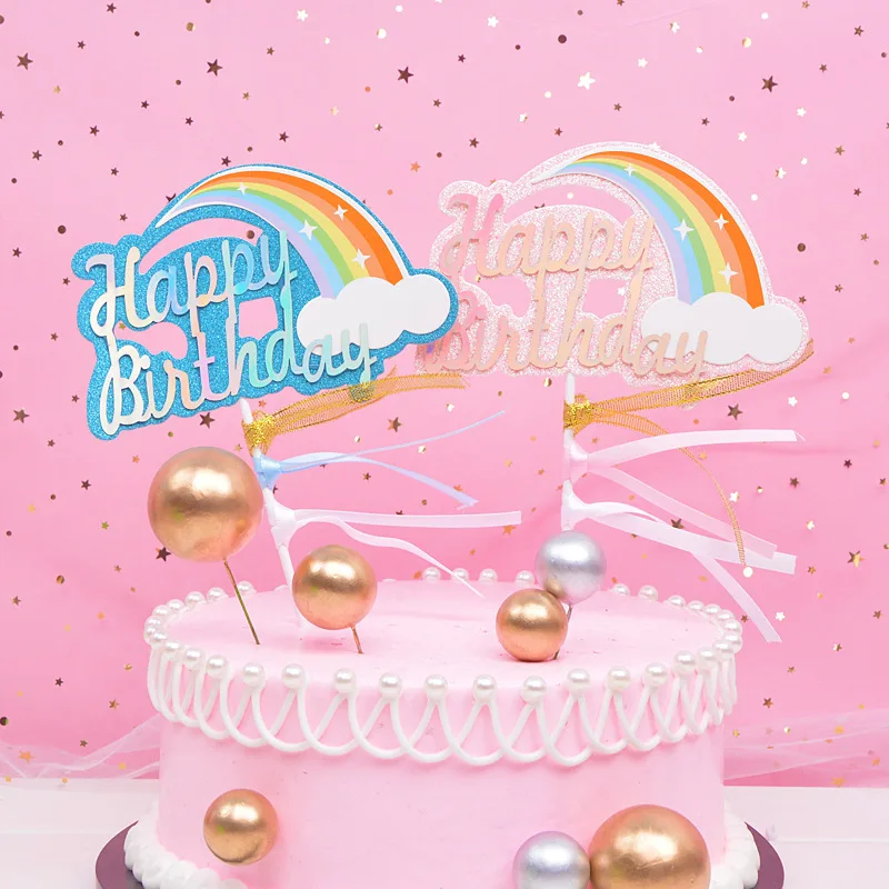 1pcs Happy Birthday Cake Topper Blue Pink Rainbow For Party Decorations Decor | Дом и сад