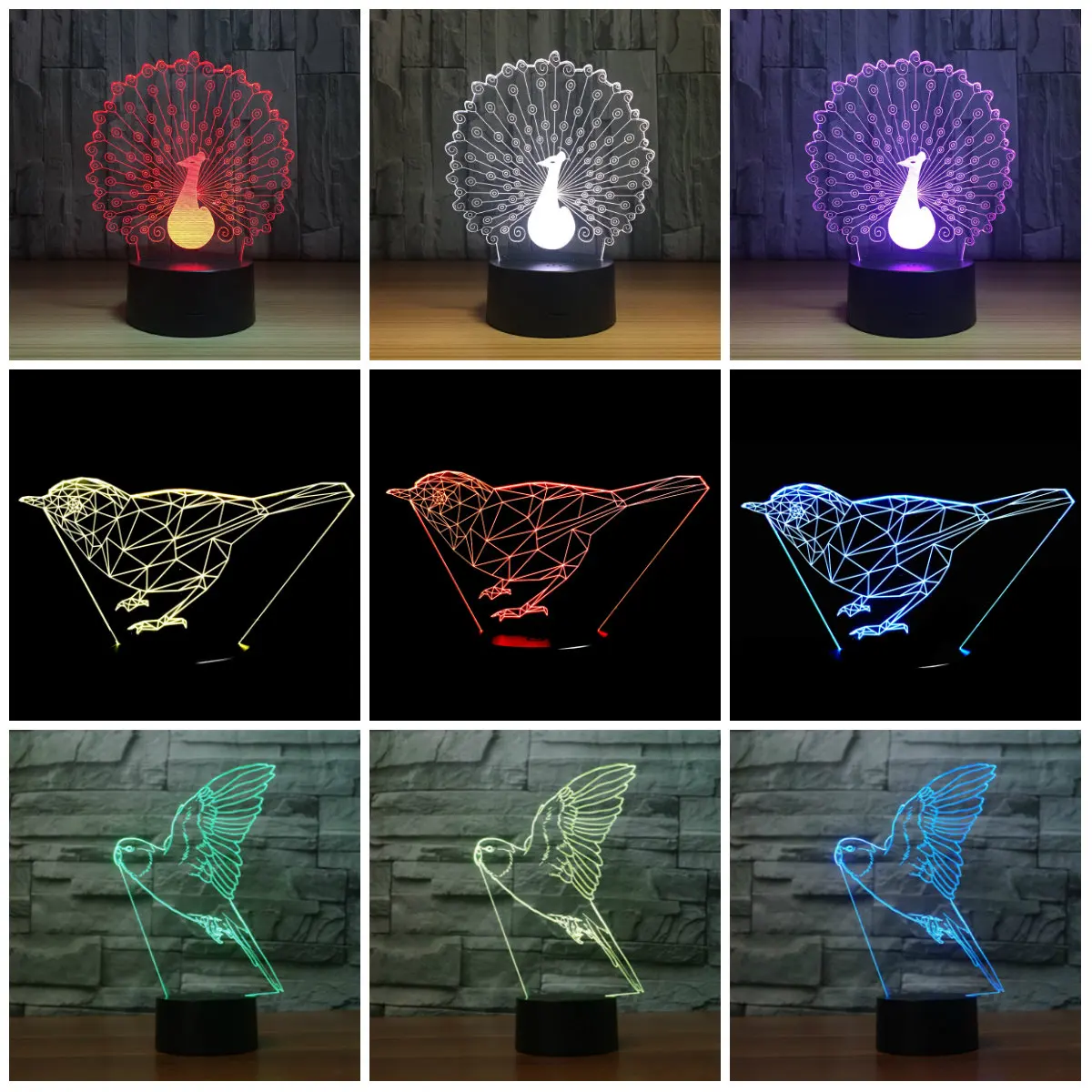 Peacock Bird Series LED Night Lights Atmosphere 3D Night Lamp 7 Color Change LED Touch Lights