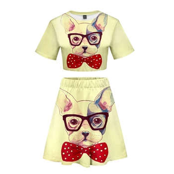 

French Bulldog 3D Printed Women Two Piece Set Fashion Summer Short Sleeve Crop Top+Skirt 2019 Hot Sale Trendy Streetwear Clothes