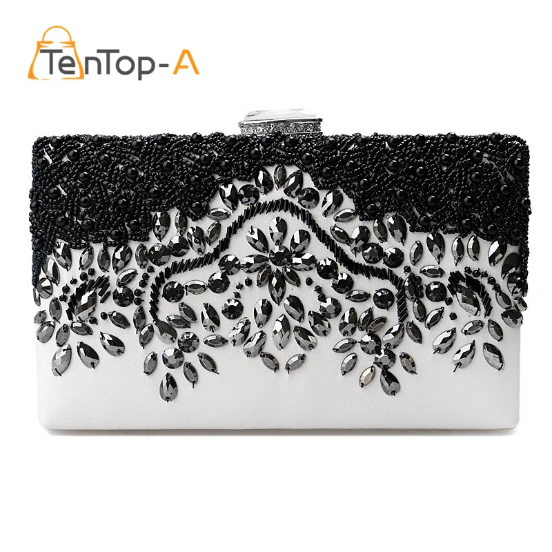 

TenTop-A women diamonds black beaded flowers luxurious top evening bags clutches messenger shoulder chain handbag purse wallet