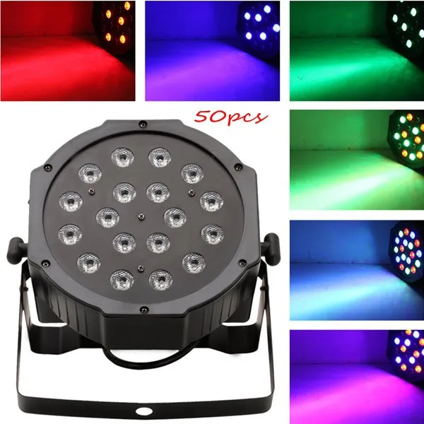 

50PCS Big Led stage light 18x3W 85-265V High Power RGB Par Lighting With DMX 512 Master Slave Led Flat DJ Auto-Controller