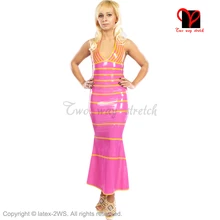 Сексуальный розовый латексный халат резиновые качели платье Пол Длина Длинный комбинезон Bodycon V шеи резиновое платье рыбий хвост погружающийся Плюс XXXL QZ-025