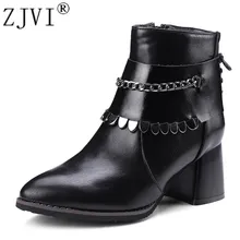 

ZJVI womens ankle boots women winter autumn boots 2018 fashion woman chain square high heels ladies black pointed toe shoes