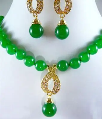 

Hot selling> set of green Natural stone bead necklace pendant earrings 2017 watch wholesale Quartz stone CZ crystal (A0511 -Br