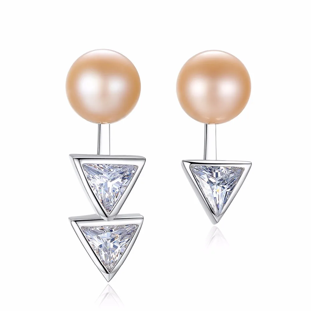 Fashion Unique 925 Silver Round Freshwater Pearl Stud Earrings Triangle Zircon Stone Girl