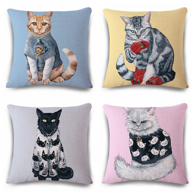 

Personality Cat Cushion Cover Print Linen Affection Sofa Car Seat Family Home Decorative Throw Pillow Case Housse De Coussin