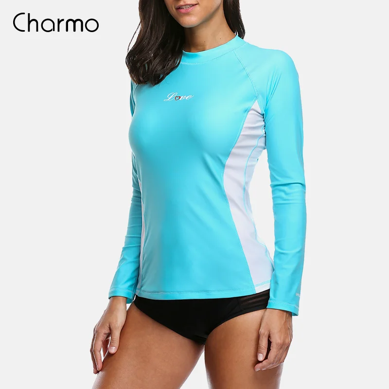 Charmo, женская одежда для плавания, Рашгард с длинным рукавом, плавательные майки для серфинга, Топ для плавания, костюм для бега, походный Рашгард UPF 50 - Цвет: BLU
