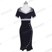 Nice-forever Bowknot Female Work Vintage Dress Women Cotton Tunic Black Short Sleeve Formal Mermaid Buttons Wiggle dress b220