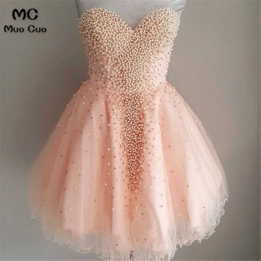 

2018 Pretty Ball Gown Pearls Homecoming dress 8th grade prom dresses Sweetheart Tulle cocktail party dress Graduation Girls