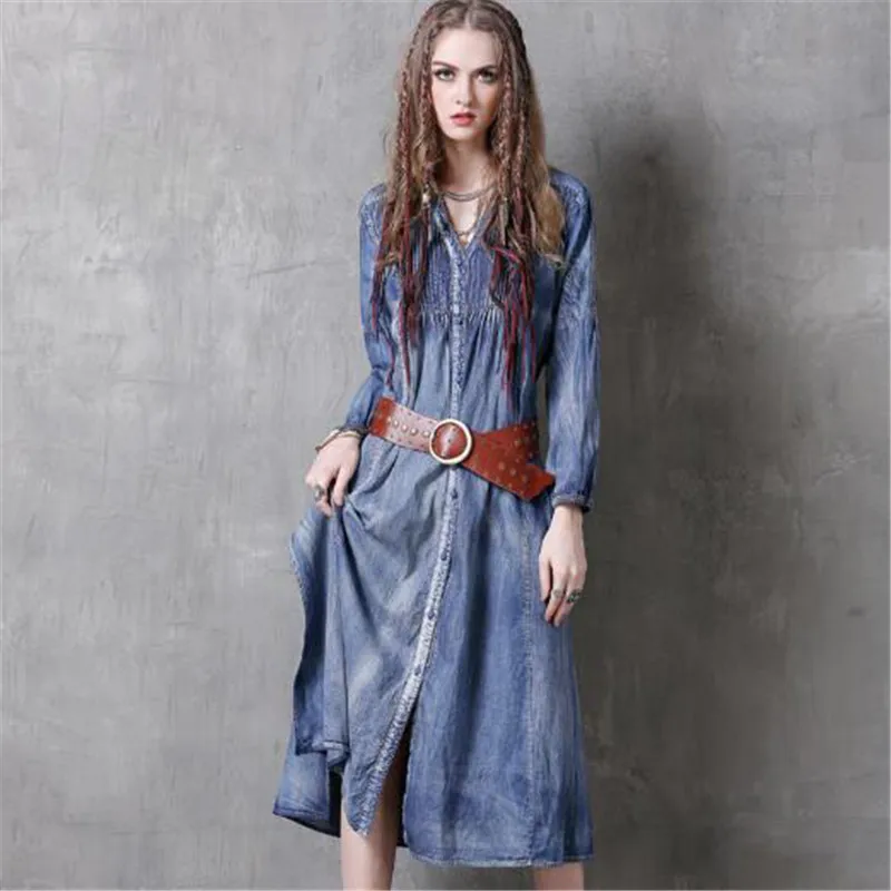 Autumn Fashion Solid Color Denim Dress Women V Neck Long Sleeve Vintage