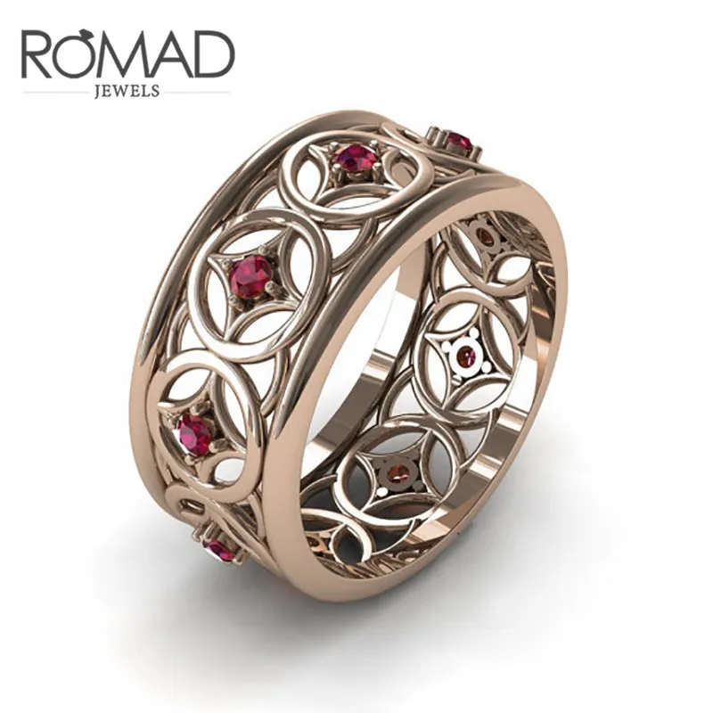 

ROMAD Engagement Rings For Women Hollow Vintage Wedding Ring Jewelry Ancient Rose Gold Red Zircon Stone Anillos Mujer R4