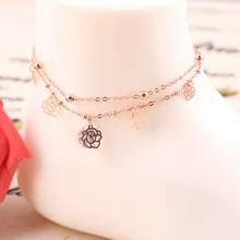 Fashion Rose Gold Flower Crystal Dangle Chain Ankle Bracelet Anklet for Girls CA008