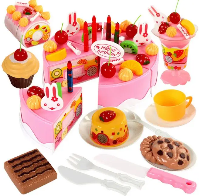 54Pcs Kids DIY Pretend Role Play Kitchen Toy Birthday Cake Food Cutting Toys 