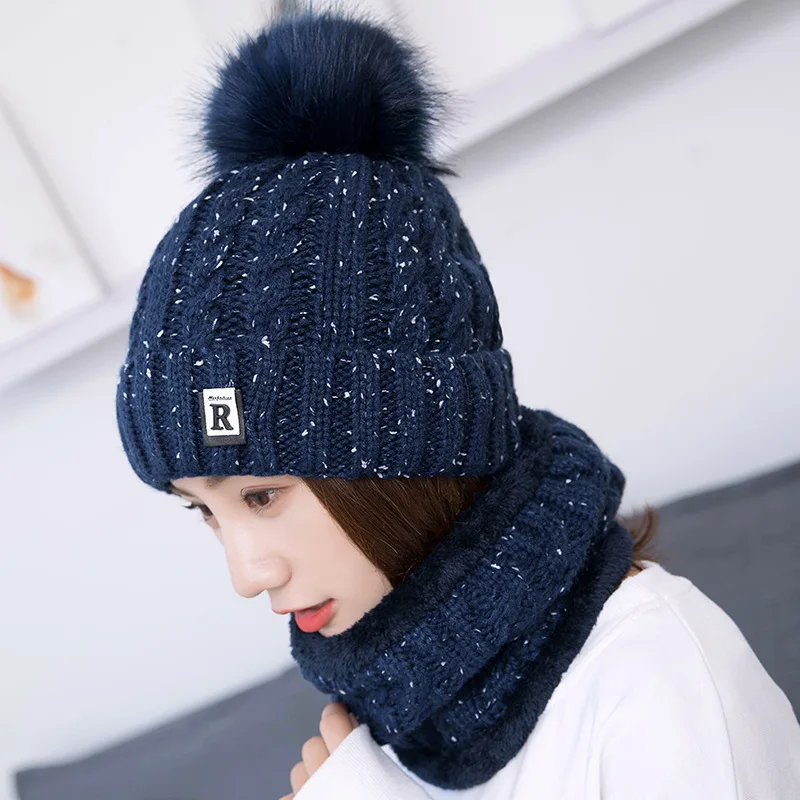 Модные зимние шляпы для женщин Beain Hat Kitted Big Ball gorro invierno mujer Зимний шарф и шапка, комплект, сохраняющий тепло