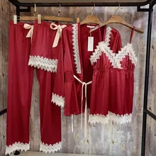 Новинка; сезон весна-осень; женские атласные шелковые пижамные комплекты; кружевной сшитый халат; комплект из 4 предметов со штанами; одежда для сна; домашняя одежда