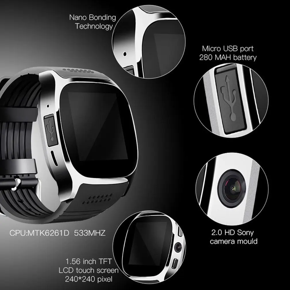 Смарт часы T8 с Bluetooth и слотом для sim карты камера будильником 6261D/260 МГц аккумулятор