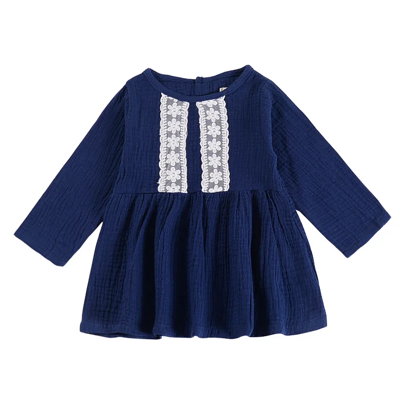 

Mother nest Lone Sleeves Baby Girl Lace Dress Dark Blue Linen Cute Newborn Clothes Dresses Children Simple Cotton 1st Birthday