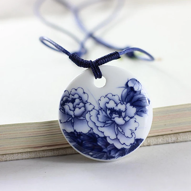 

Ethnic Jewelry Traditional Handmade Ornaments Weave Wax Rope Necklace Choker Ceramics Moon Porcelain Pendant