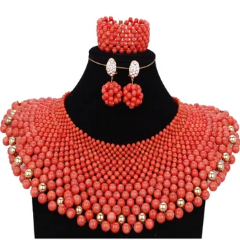 

Bridal Jewelry Sets Nigerian Real Nature Orange Coral Beads Necklace Jewelry Set For Women Hand Braid Free Shipping 2018 New