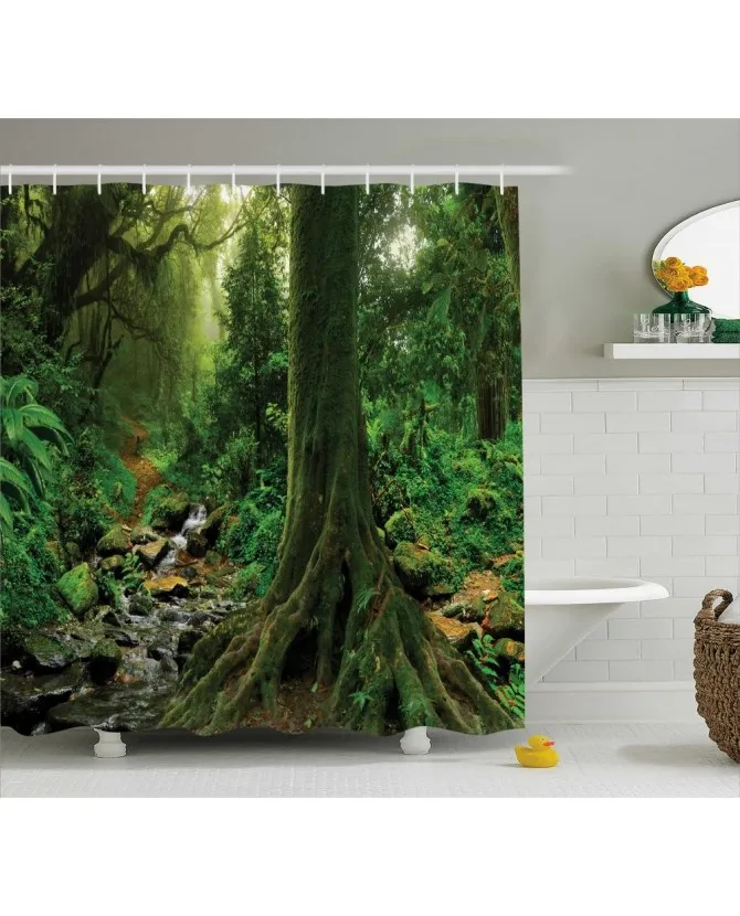 Forest Shower Curtain Moss On Trees Stream Print For BathroomWaterproof